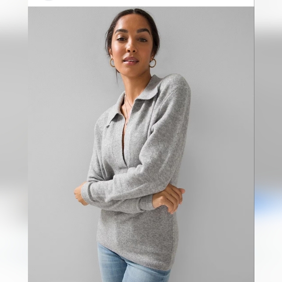 White House Black Market Sweaters - White House Black Market WOMENS Gray Cozy Polo V-Neck Sweater EUC Size L